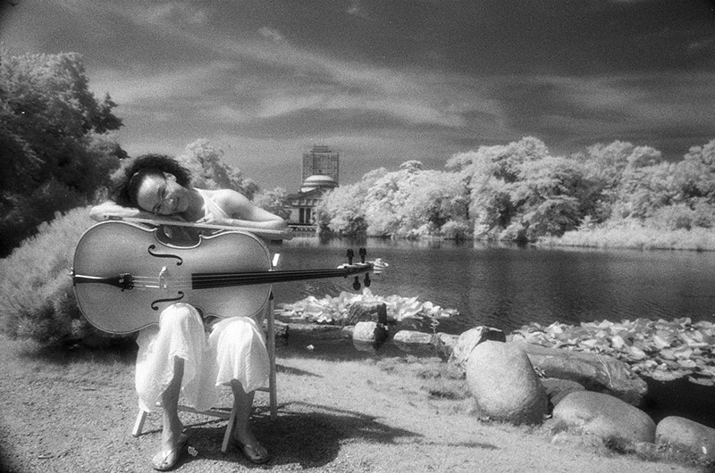 Jang Mi and cello in the park on infared film